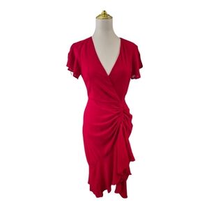 Lulus Red Faux Wrap Dress Women’s Small Flutter Sleeve Ruched Ruffle Hem NWT